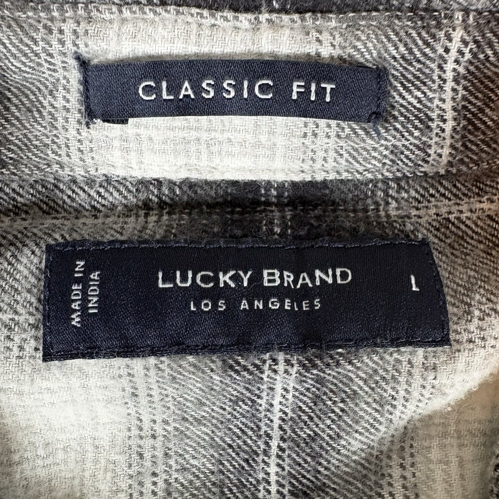 Lucky Brand Flannel Shirt Classic Fit Men's L Gray Plaid Button Up‎ Workwear - Picture 3 of 10
